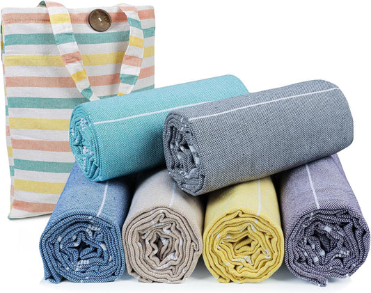 HILLFAIR Cotton Turkish Beach Towels- Lightweight Sand Free Peshtemal Hammam Towels for Bath Swim Yoga Spa- XXL Oversized Beach Towel (39 x 72 inch - 6 Pack Multicolor)