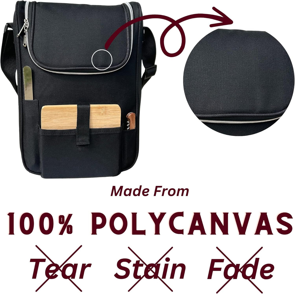 Truvelli Black Insulated Wine Tote Bag: Portable 2 Bottle Cheese Waterproof Black Canvas Carrier Picnic Kit - Stopper Attachment, Plus Wooden Charcuterie Board