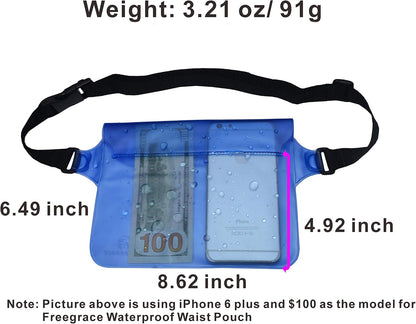 Freegrace Waterproof Pouches with Waist Strap / Pouch Case Bundle Set- Keep Your Phone & Valuables Dry and Safe - Waterproof Dry Bags for Boating Swimming Snorkeling Kayaking Beach Water Parks Pool