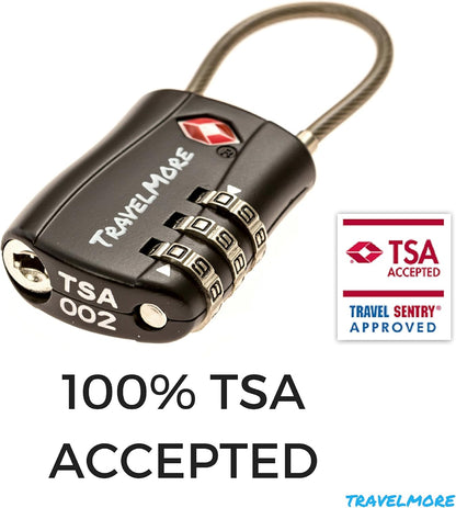 6 Pack TSA Approved Travel Combination Cable Luggage Locks for Suitcases & Backpacks - Black