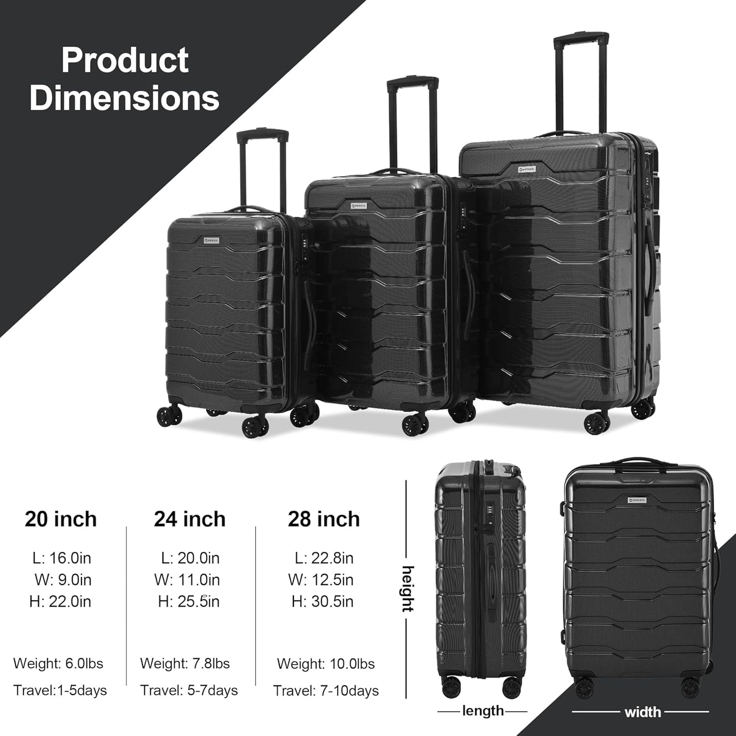 3 Piece Luggage Set, Hardshell Luggage Sets with TSA Lock, PC+ABS Lightweight Suitcase Sets with 360° Spinner Wheels BLACK (20/24/28)