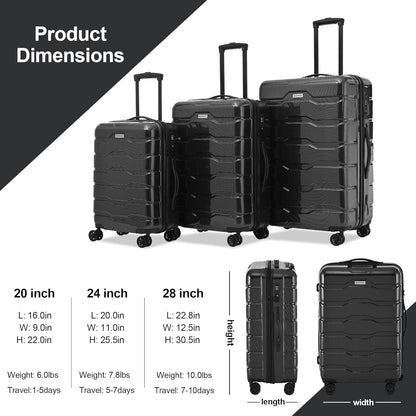 3 Piece Luggage Set, Hardshell Luggage Sets with TSA Lock, PC+ABS Lightweight Suitcase Sets with 360° Spinner Wheels BLACK (20/24/28)
