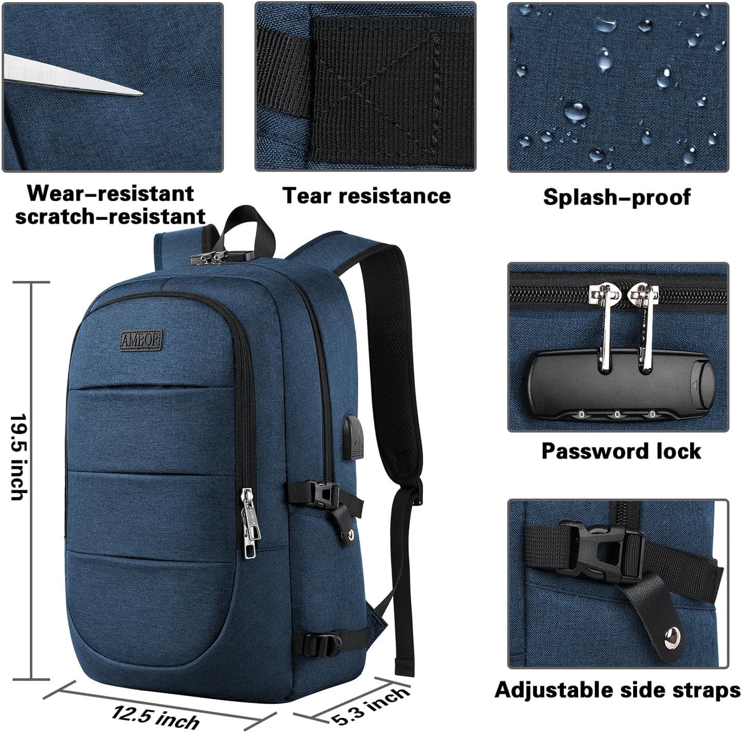 AMBOR 15.6-17.3 Inch Laptop Backpack, Anti Theft Business Travel Backpack with USB Charging Port and Headphone Interface, Water Resistant Computer Bag for Men & Women, Blue