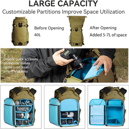 Tenzing 40L Camera Backpack, Waterproof Travel Photography Bag with Rain Cover, Fits DSLR/Mirrorless Cameras, Drone, Lenses, Tripod & 16" Laptop – Brown