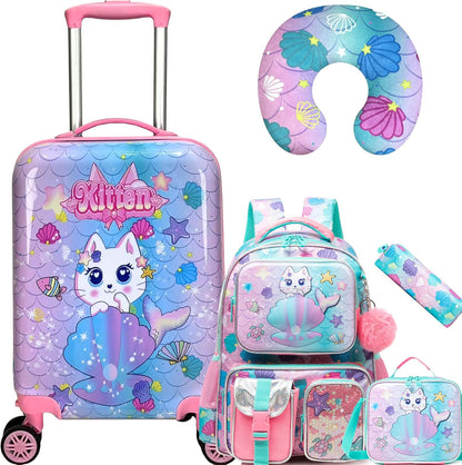 Cute Cat Kid’s Luggage Set 5 Piece Suitcase Set 16’’ Hardside Luggage with Spinner Wheels Girls Boys Carry on Toddler Luggage Travel Rolling Luggage Airline Approved