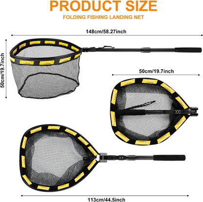 PLUSINNO Floating Fishing Net for Steelhead, Salmon, Fly, Kayak, Bass, Trout Fishing, Catfish, Rubber Coated Landing Net for Easy Catch & Release for Easy Transportation & Storage