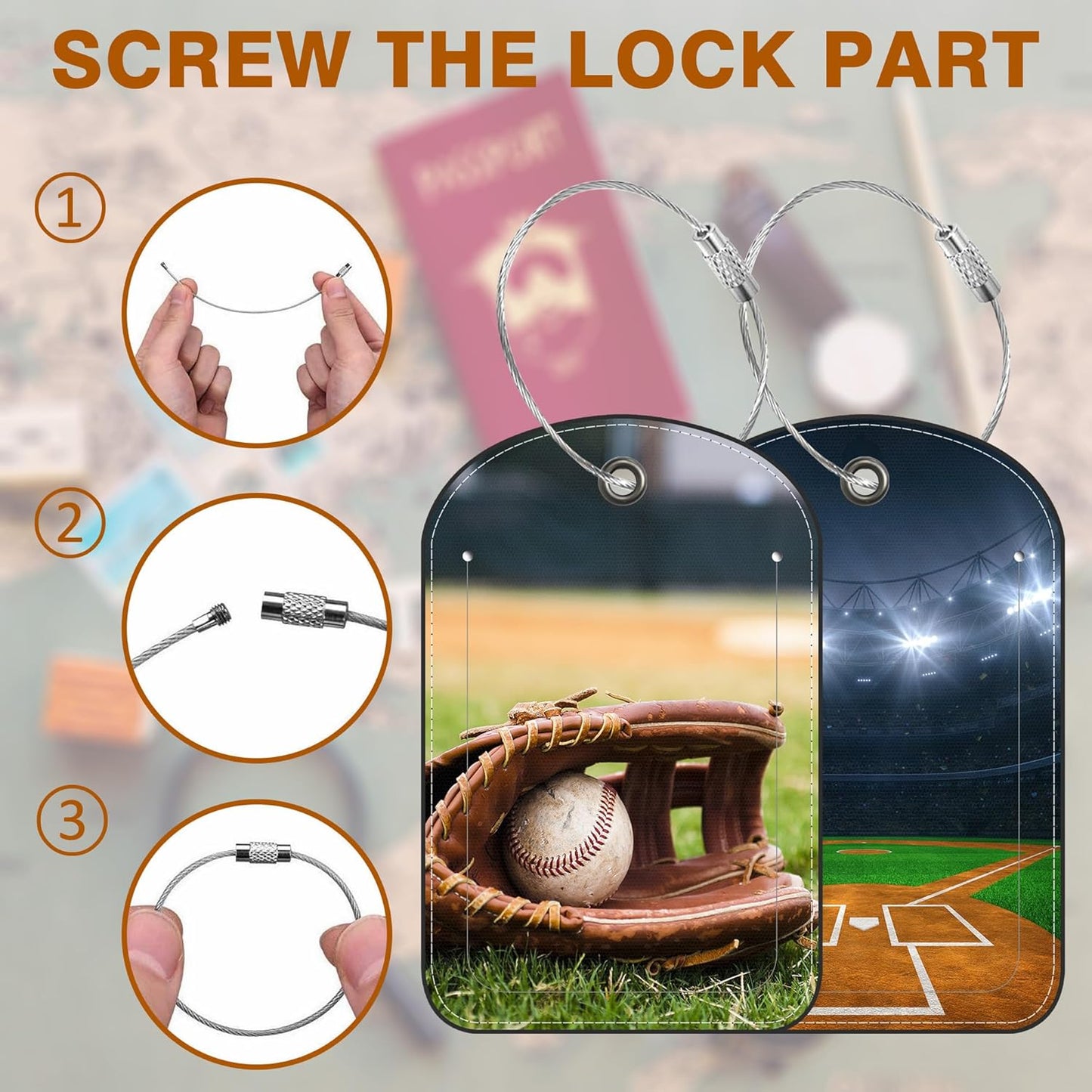 2 PCS Leather Luggage Tag for Suitcase Old Baseball and Glove on Baseball Grand Travel Suitcase Labels with Privacy Name ID Label and Stainless Steel Loop for Adults Teens Travel Bag Labels Set