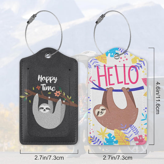Set of 2 Funny Sloth,Happy Time Cartoon Animal Luggage Tags for Suitcases, Cute Sloth, Colorful Tropical Leaves Leather Suitcase Tag Name Identifiers Labels for Travel Bag Baggage Backpack