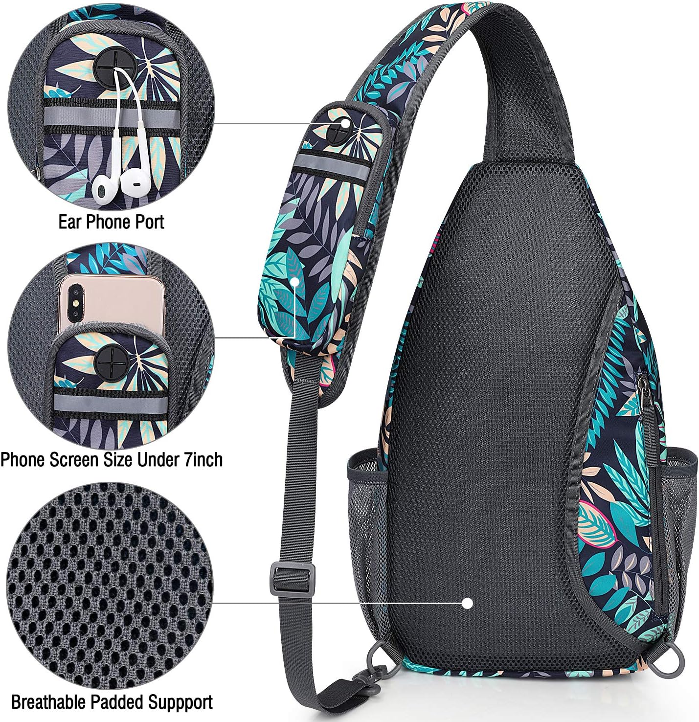 G4Free Sling Bag RFID Blocking Sling Backpack Crossbody Chest Bag Daypack for Hiking Travel(Blue Leaf)