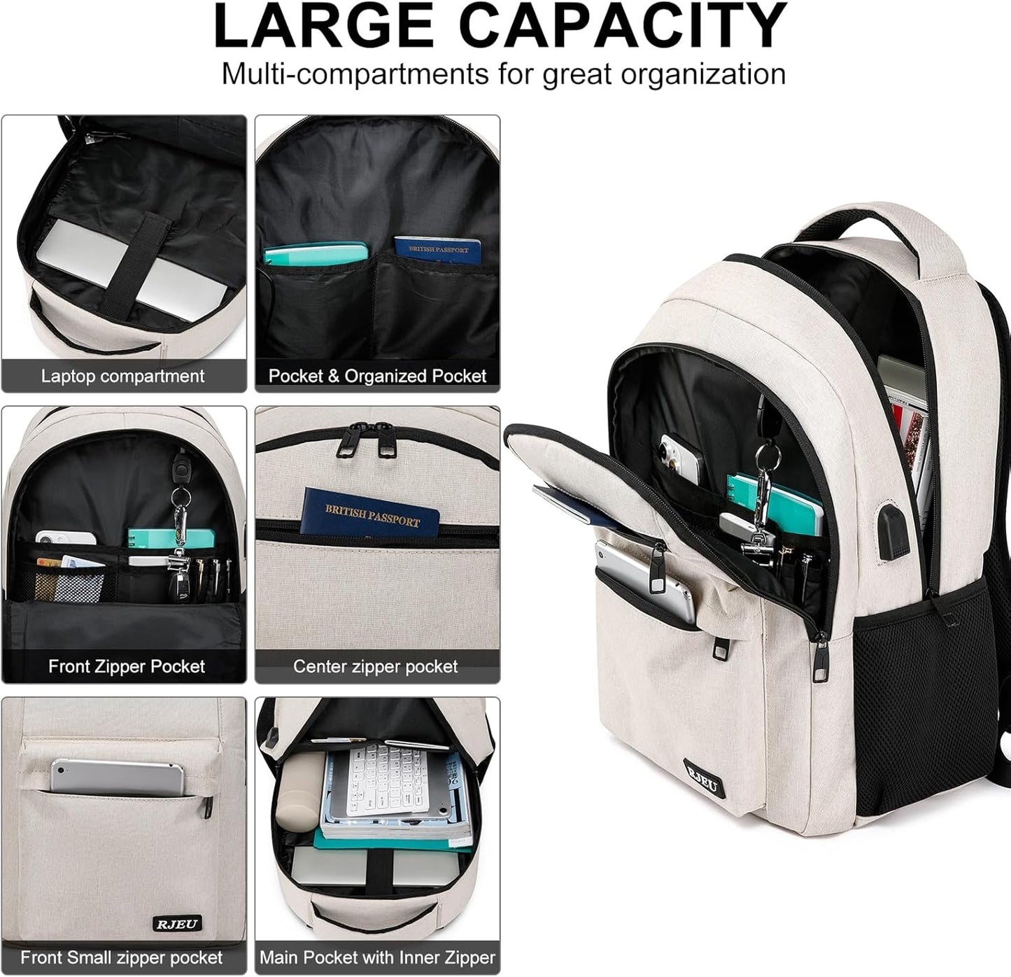 School Backpack for Teen Girls, Laptop Backpack 15.6 Inch with USB Charging Port, Sturdy Beige College Bookbag