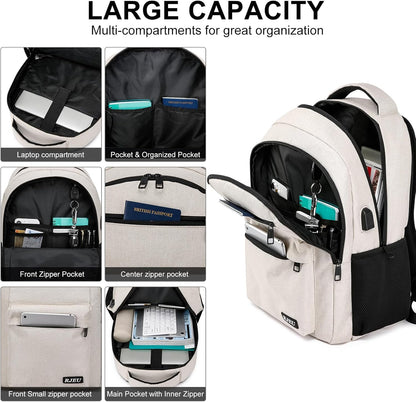 School Backpack for Teen Girls, Laptop Backpack 15.6 Inch with USB Charging Port, Sturdy Beige College Bookbag