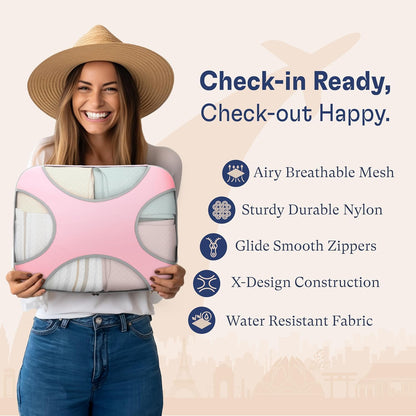 Shacke Premium 8 Packing Cubes Set - Lightweight Mesh Travel Luggage Organizers with Laundry Bag, 8-Piece Suitcase Storage System (Summer Pink)