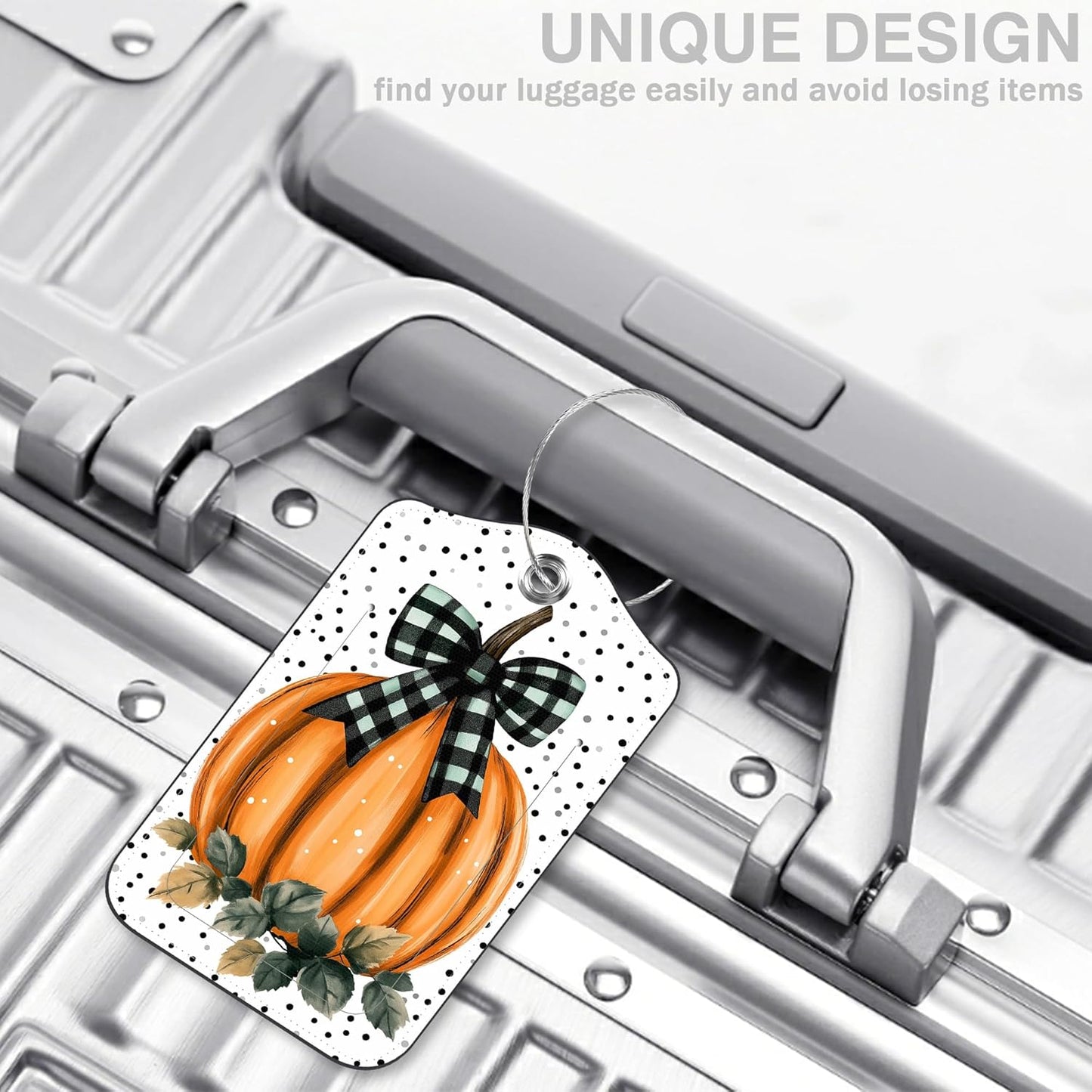 Pumpkin with Checkered Bow Set of 2 Luggage Tags for Suitcases Black Polka Dot Leather Suitcase Tags Identifiers with Privacy Name Label and Stainless Steel Loop for Women Travel Luggage Accessories