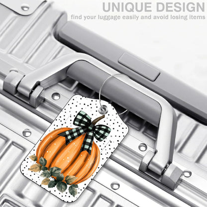 Pumpkin with Checkered Bow Set of 2 Luggage Tags for Suitcases Black Polka Dot Leather Suitcase Tags Identifiers with Privacy Name Label and Stainless Steel Loop for Women Travel Luggage Accessories
