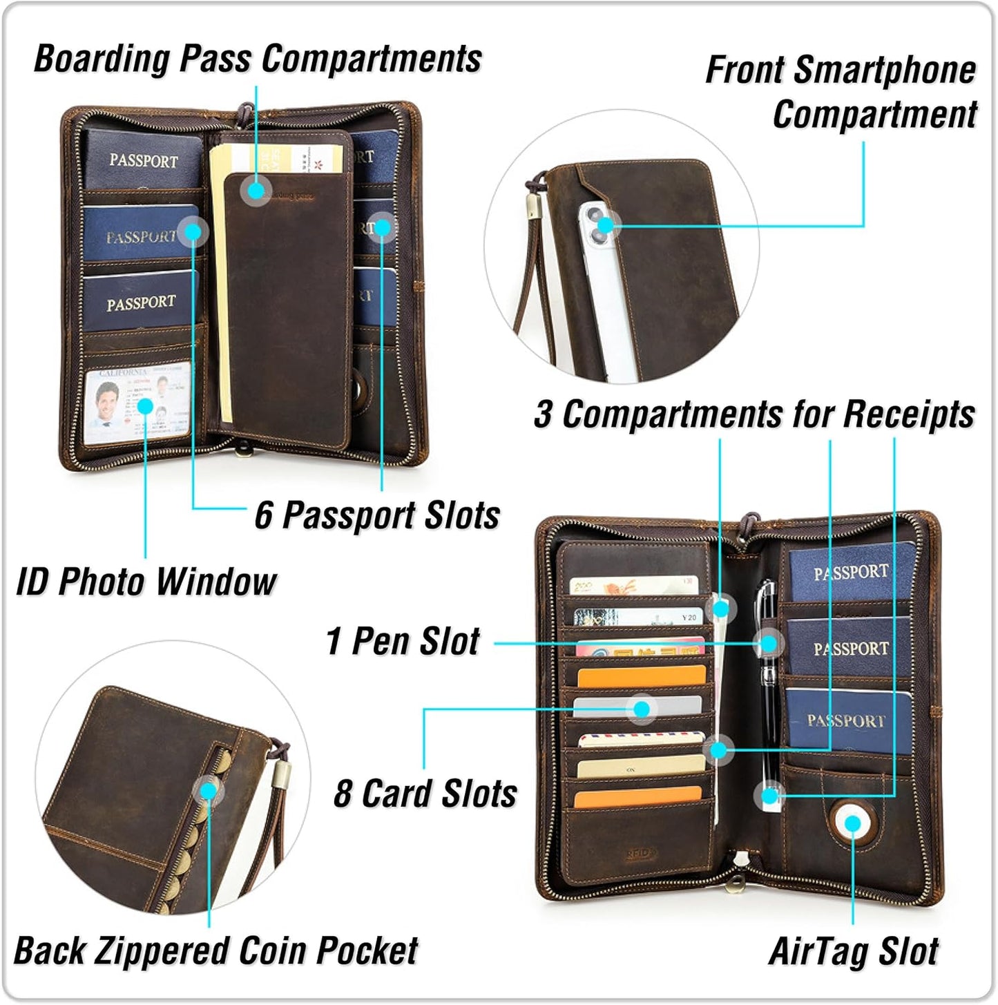 Top Grain Leather Travel Passport Wallet Organizer Case for Families, Handmade for 6 Passports & Multi Cards, RFID Blocking Large Capacity for Cards/Passports/Tickets/AirTag, Matte Coffee