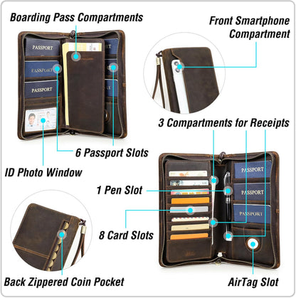 Top Grain Leather Travel Passport Wallet Organizer Case for Families, Handmade for 6 Passports & Multi Cards, RFID Blocking Large Capacity for Cards/Passports/Tickets/AirTag, Matte Coffee
