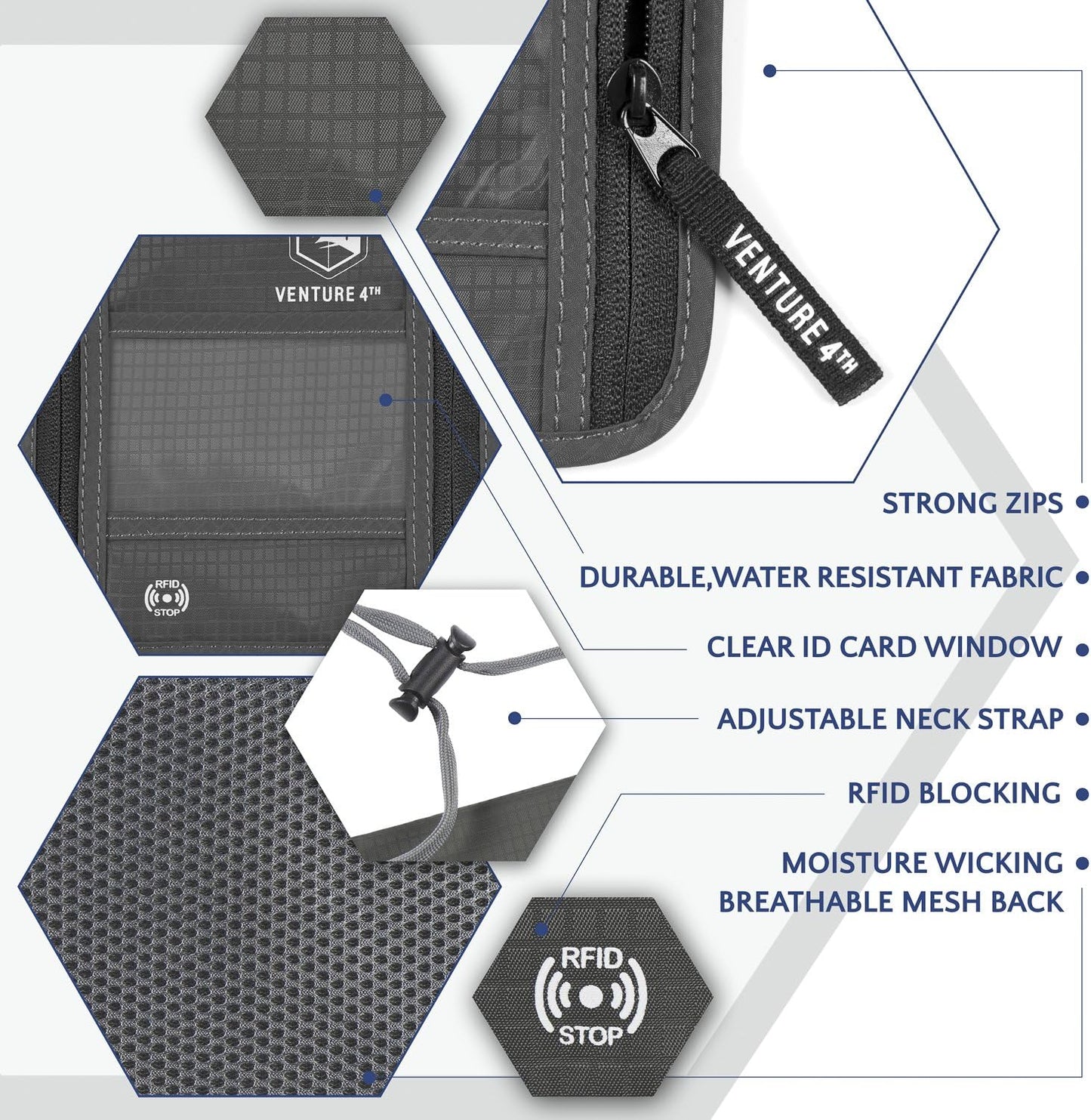 VENTURE 4TH Passport Holder Neck Wallet with RFID Blocking Nylon Lining - Hidden Neck Pouch for Travel (Gray)