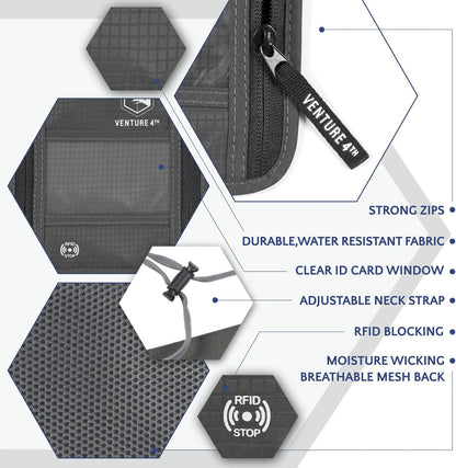 VENTURE 4TH Passport Holder Neck Wallet with RFID Blocking Nylon Lining - Hidden Neck Pouch for Travel (Gray)