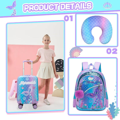 Cute Mermaid Kid’s Luggage Set 5 Piece Suitcase Set 16’’ Hardside Luggage with Spinner Wheels Girls Travel Rolling Luggage Carry on Luggage Airline Approved