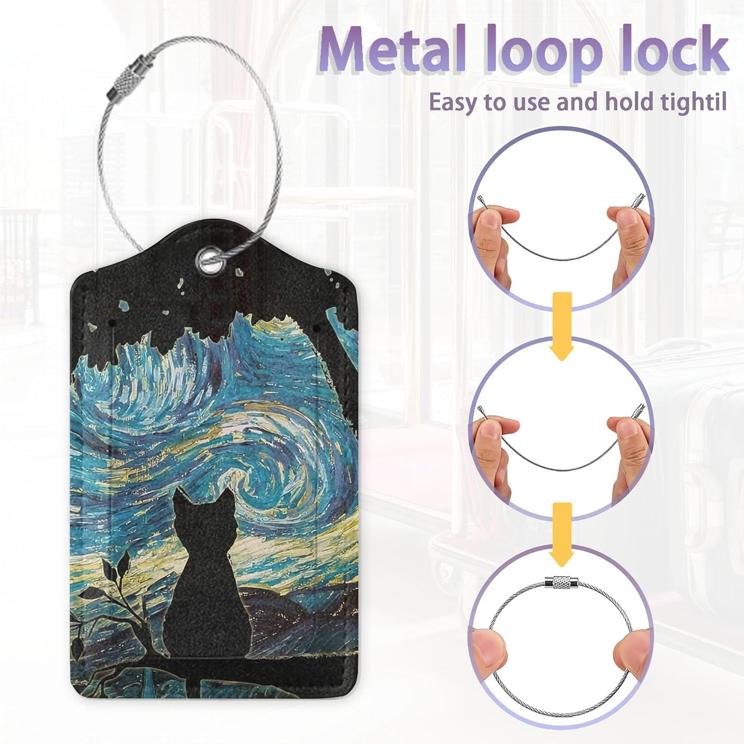 Luggage Tags,Black Cat Starry Night Cute Suitcase Tag with Privacy Flap & Name ID Label & Metal Loop,Luggage Tags for Women Men Baggage Handbag School Bag Backpack