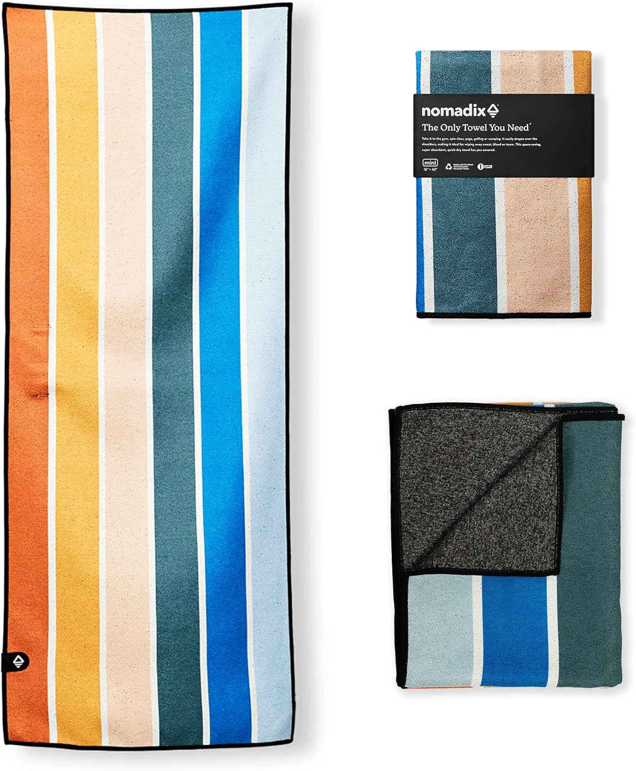 Nomadix Mini Towel - Perfect for Beach, Pool, Travel, Camping, Yoga - Made with Recycled Materials - Super Absorbent - Sand Resistant - Stripes Retro - 16x40