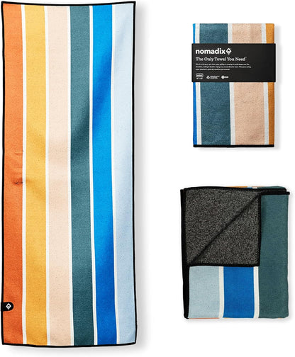 Nomadix Mini Towel - Perfect for Beach, Pool, Travel, Camping, Yoga - Made with Recycled Materials - Super Absorbent - Sand Resistant - Stripes Retro - 16x40