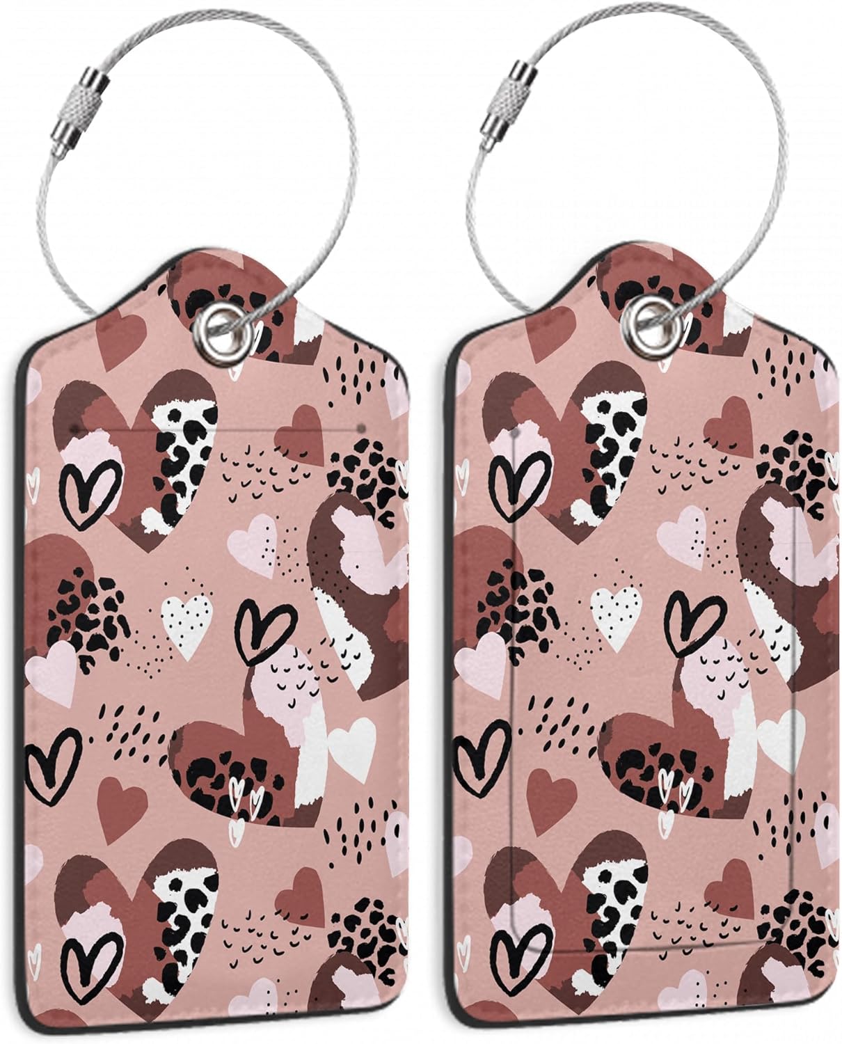 Set of 2 Luggage Tag for Suitcases LeatherAbstract Leopard Print Hearts Tags with Stainless Steel Loop Privacy Name ID Card Cover Travel Bag Labels Set for Women Men Kids Girls