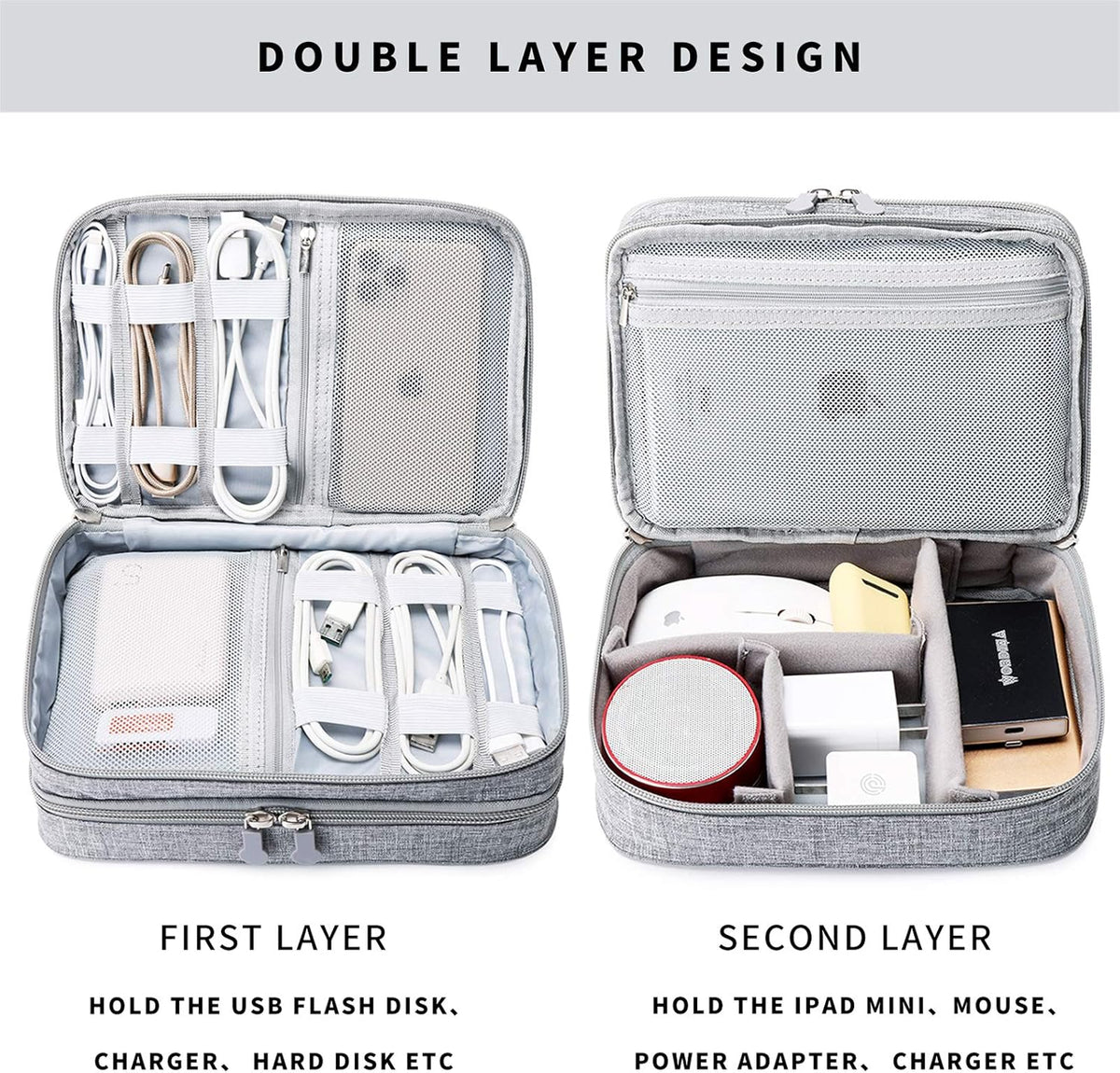 mygreen Electronics Organizer, Electronic Accessories Double Layer Travel Cable Organizer Cord Storage Bag for Cables, Power Bank, USB Flash Drive and More Gray