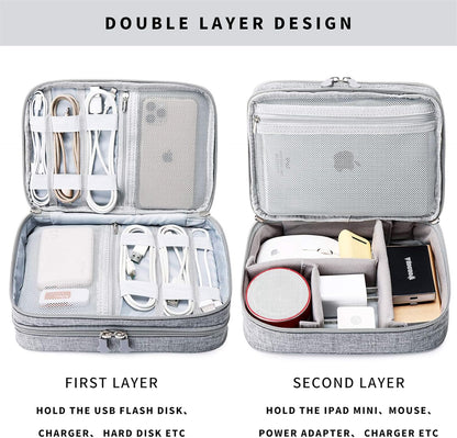 MIRLEWAIY Portable Electronics Accessories Organizer Bag Travel Charger Cable Storage Soft Case Double Layer for Hard Drives, Cord, USB, SD Cards Carrying, Grey