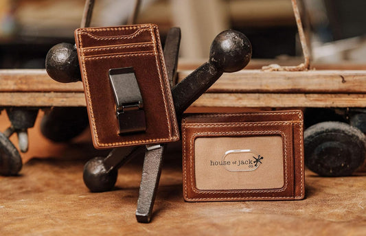 House of Jack Co. Flynn Hinged Money Clip Wallet for Men, Slim Front Pocket Card Holder, Full Grain Cowhide Leather Wallet, Brown