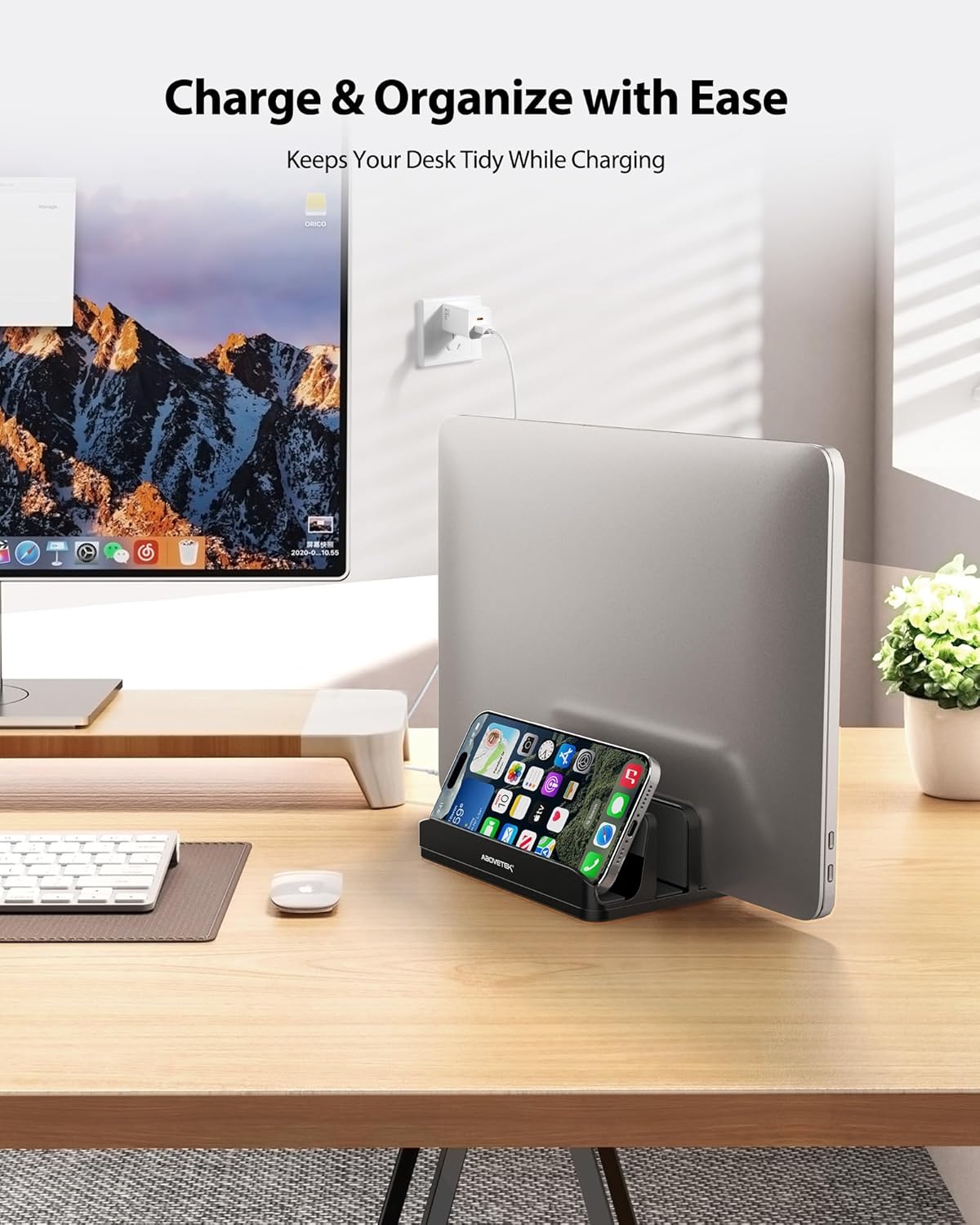 AboveTEK Vertical Laptop Stand Holder, 3 Slots Aluminum Desk Stand with Adjustable Dock Size for Tablet, MacBook, Phone - Universal Fit (up to 17.3") - Heavy Duty Polished, Anti Slide - Black