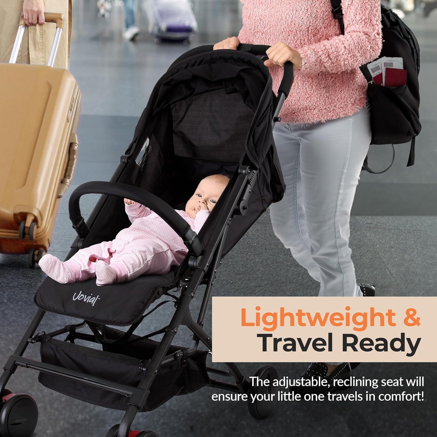Jovial Lightweight Travel Baby Stroller - One-Hand Folding Compact Stroller with Multi-Position Reclining System - Retractable Sun Canopy, Extra-Large Storage Basket - Includes Airplane Storage Bag