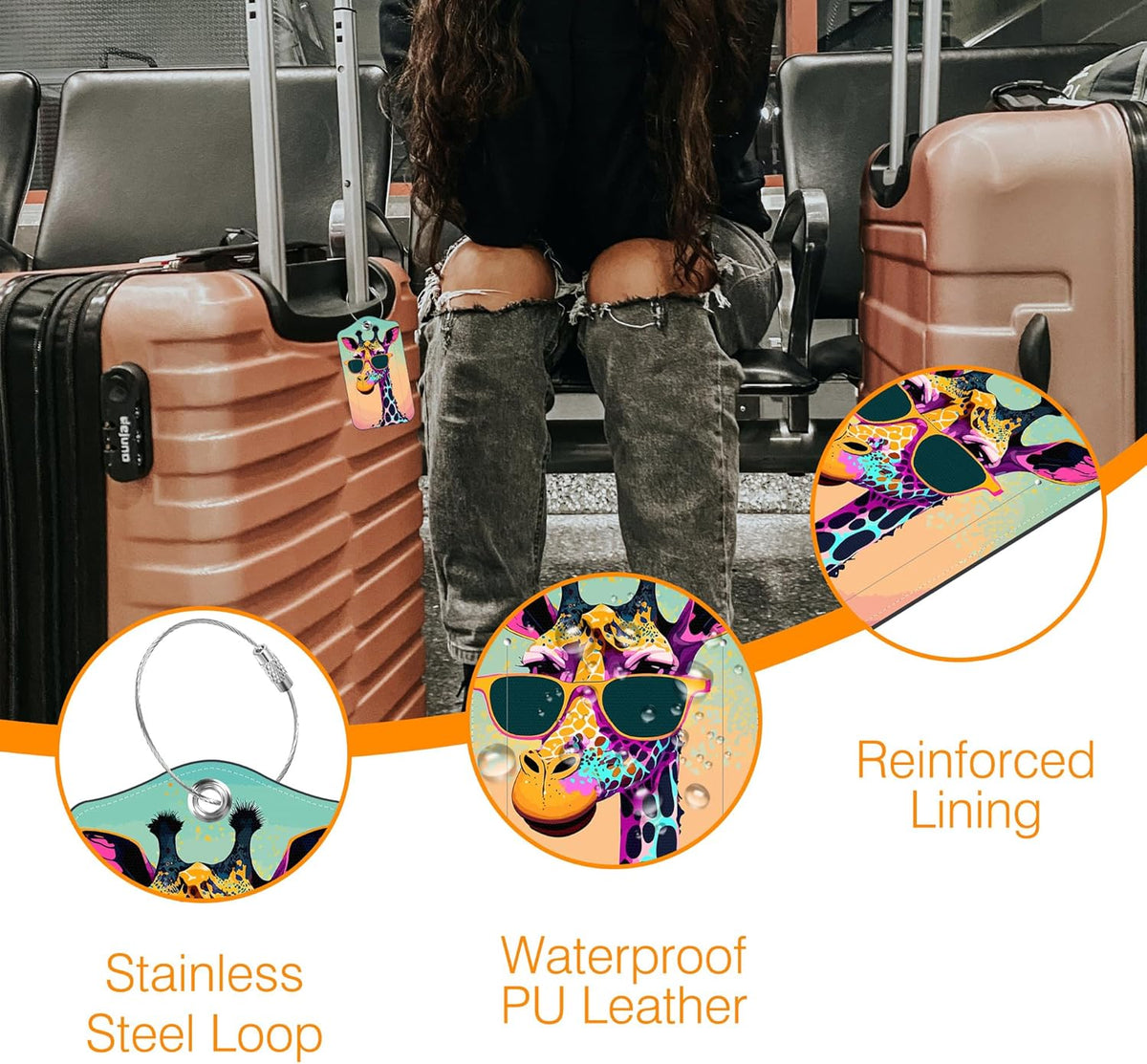 Luggage Tags for Suitcase Funny Giraffe Sunglasses 2 PCS Leather Travel Luggage Tag with Stainless Steel Loop Name ID Label Privacy Cover for Women Men Travel