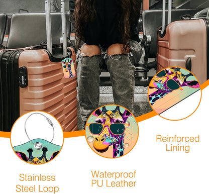 Luggage Tags for Suitcase Funny Giraffe Sunglasses 2 PCS Leather Travel Luggage Tag with Stainless Steel Loop Name ID Label Privacy Cover for Women Men Travel