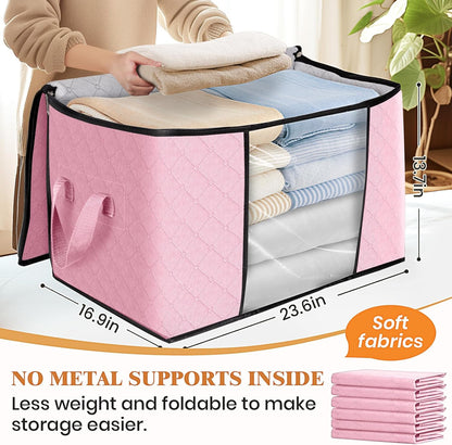 Fab totes 24 Gallons Clothes Storage, Foldable Thick Fabric Blanket Storage Bags, Containers for Organizing Bedroom, Closet, Clothing, Comforter, Organization with Handle (6 Pack,Pink)
