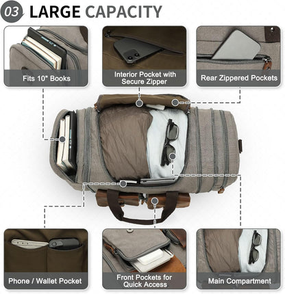 Canvas Duffle Bag with Genuine Leather Accents, Expandable 20-23 Inch Travel Weekender, Multiple Pockets, Gray