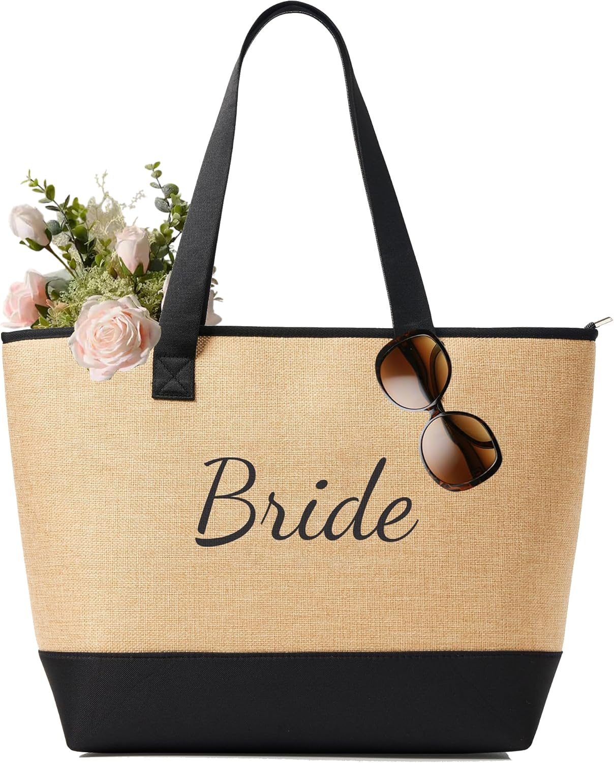 KALIDI Woven Tote Bag for Women, Lightweigh Monogram Beach Bag with Zipper & Sand-Proof Canvas Base, Personalized Gift