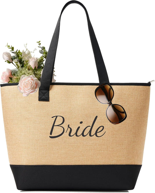 KALIDI Woven Tote Bag for Women, Lightweigh Monogram Beach Bag with Zipper & Sand-Proof Canvas Base, Personalized Gift