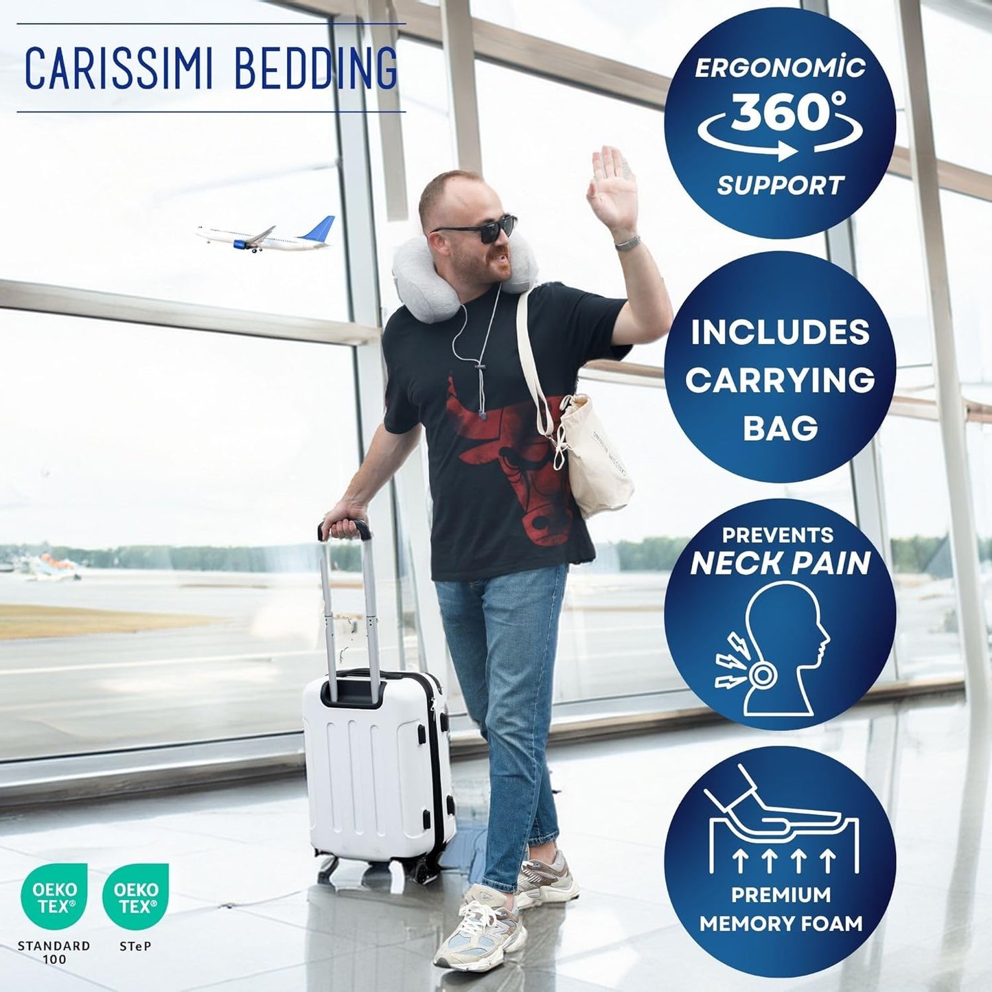 Travel Pillow with Bag – Compact Memory Foam Neck Pillow for Airplane, Car and Office – Ergonomic Design for Travel Comfort and Shoulder & Neck Support