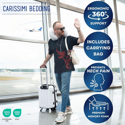 Travel Pillow with Bag – Compact Memory Foam Neck Pillow for Airplane, Car and Office – Ergonomic Design for Travel Comfort and Shoulder & Neck Support