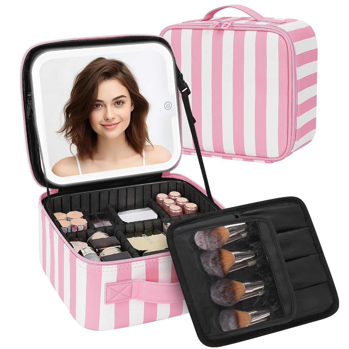 Makeup Bag With LED Mirror, Travel Makeup Case with Light up Mirror Large Cosmetic Case with 3 Color Lighted Portable Organizer Bag with Adjustable Dividers (Pink/White Stripes, Small)