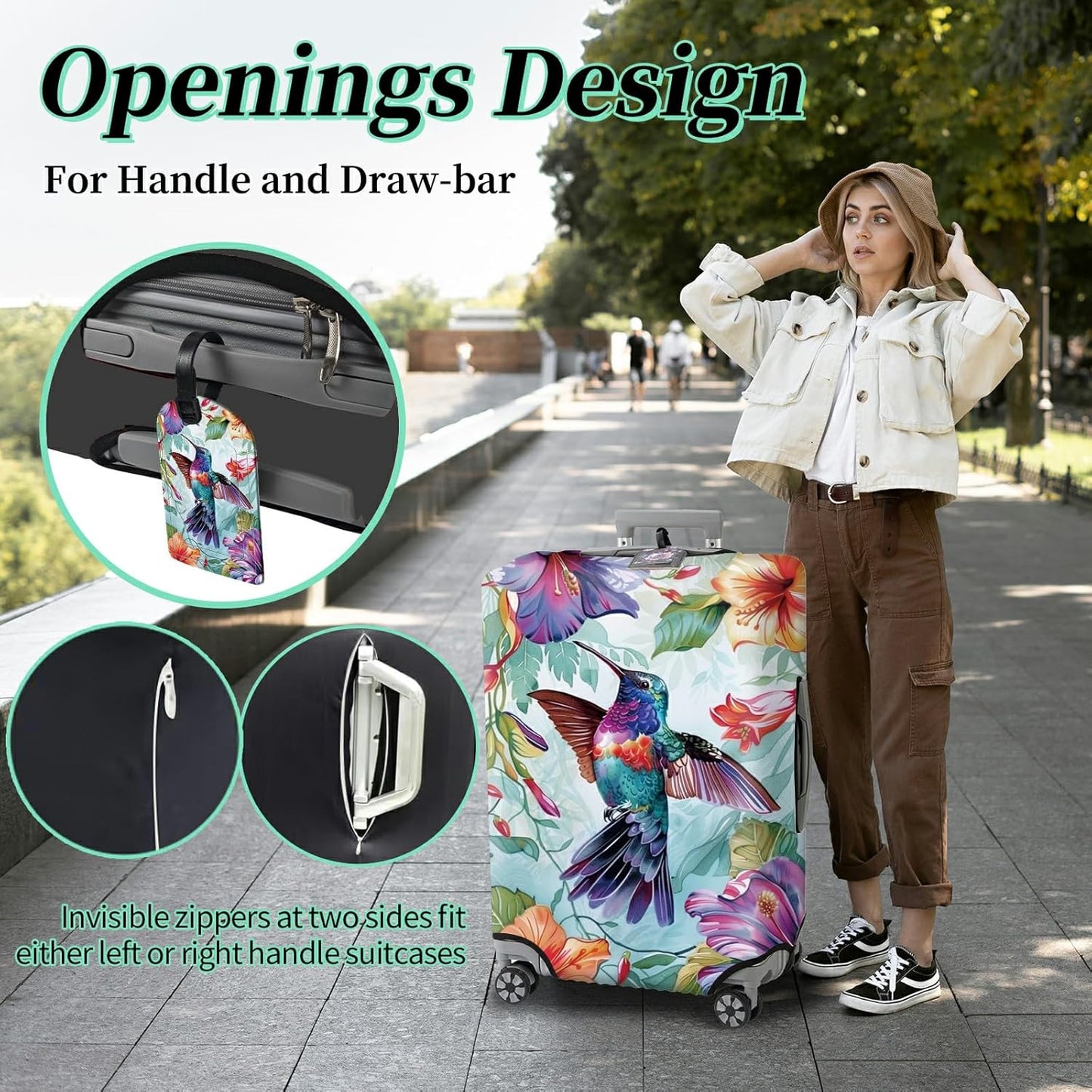 Luggage Cover Suitcase Protector + Tag, Hummingbirds Travel Cover for 29-30 inch Luggage (XL) with Concealed Zipper, Washable Elastic Cloth, Dustproof, Anti-Scratch