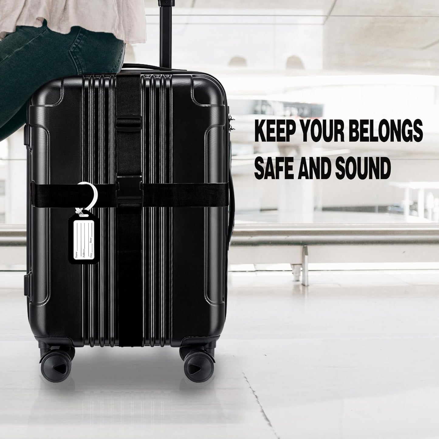 8 Pack Luggage Straps and Tags Set (4 Straps, 4 Tags), Luggage Straps for Suitcases TSA Approved Suitcase Belt Luggage Tags, Black