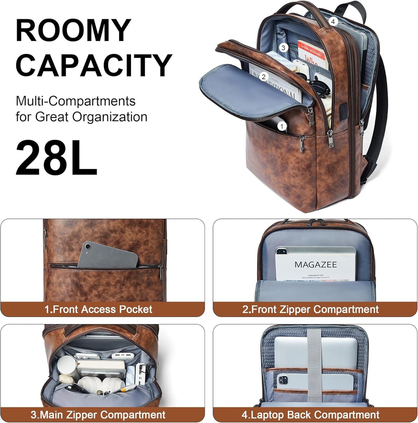 Vegan Leather Laptop Backpack for Women&Men,16 Inch Expandable Backpack with USB Charging Port,Two-toned Brown