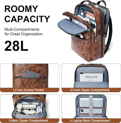 Vegan Leather Laptop Backpack for Women&Men,16 Inch Expandable Backpack with USB Charging Port,Two-toned Brown