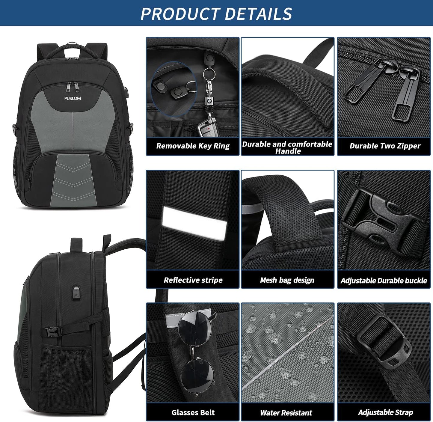 PUSLOM Extra Large Travel Laptop Backpack for Men 55L,Water Resistant 18.4 inch Big Business Laptop bags with USB Charging Port,TSA Friendly Anti Theft Computer Bag for Work College,Grey