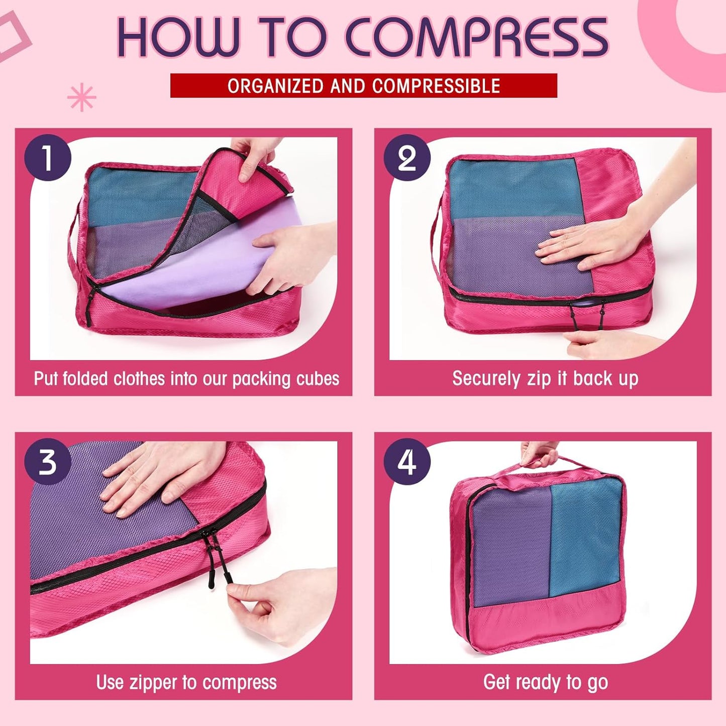 5 Pcs Packing Cubes for Suitcase Large Travel Cubes Carry on Luggage Organizer Bags for Clothes Accessories(Mixed,Purple)