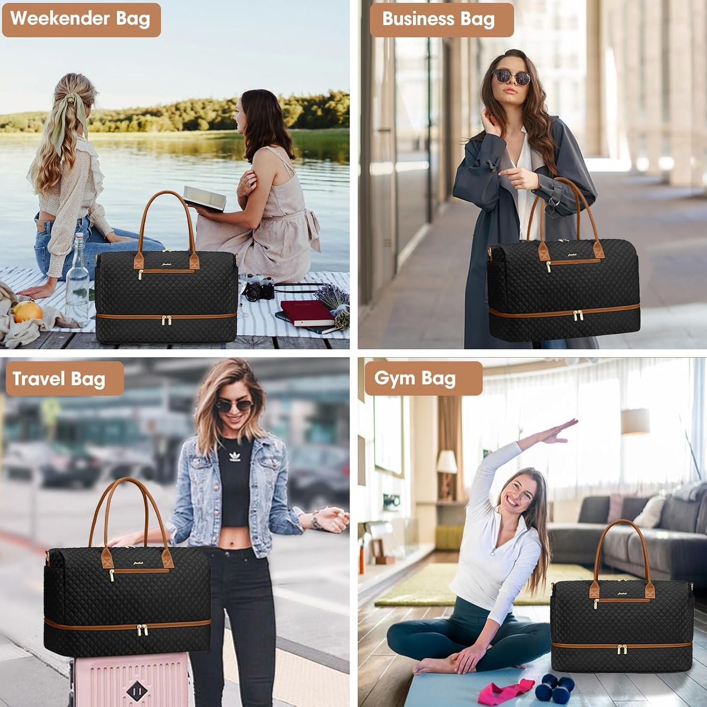 Travel Bag Weekender Bags for Women - Carry on Overnight Bag with Shoe Compartment Duffle Bag with Laptop Pocket Hospital Bag for Labor Delivery Gym Tote Bag with Toiletry Bag Black Brown