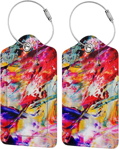 Red Oil-Painting Luggage Tags for Suitcases, Stylish Art Colorful Leather Bag Tag with Privacy Cover Stainless Steel Loop for Women Teen Girls Adults, 2-Pack Name Labels Tags for Baggage Backpack