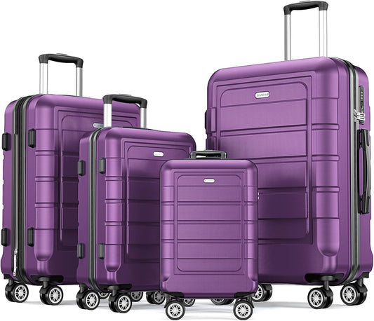 SHOWKOO Luggage Sets Expandable PC+ABS Durable Suitcase Sets Double Wheels TSA Lock 4 Piece Luggage Set Purple